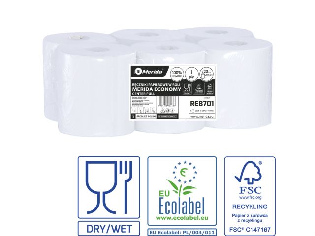 MERIDA ECONOMY CENTER PULL MAXI - paper towel in roll, white, 1-ply, recycled paper, diameter 20 cm, 320 m (6 rolls / pack.)